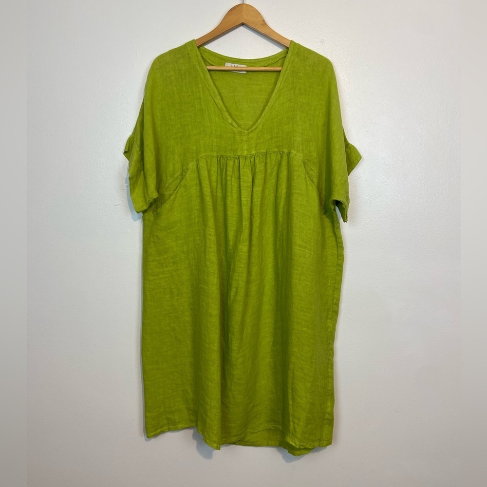 Linen V-Neck Mini Dress in Lime Green